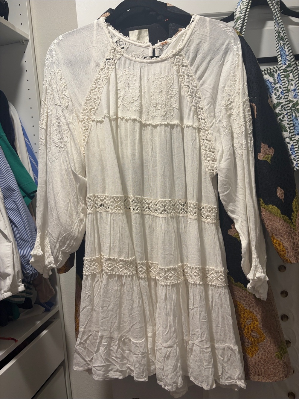 Free People White Embroidered Boho Tiered Long Sleeve Dress